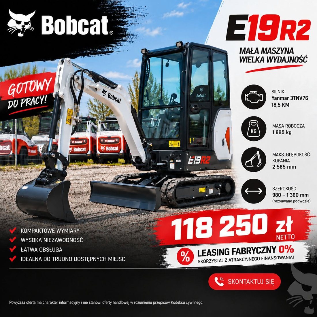 Bobcat E19 R2 w indywidualnym oklejeniu — jeden taki egzemplarz, dostępny od ręki.